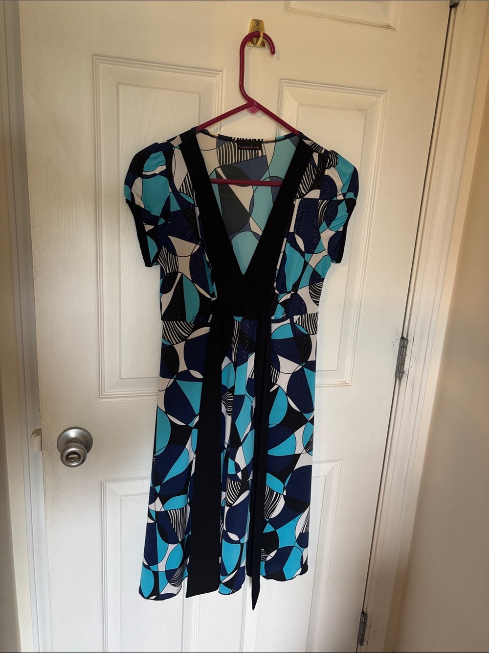 Tempted Hearts Blue and Black Geometric V-Neck Dress